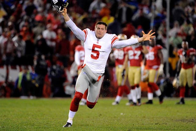 Steve Weatherford of the New York Giants celebrates after the Giants won 20-17 in overtime against the San Francisco 49ers