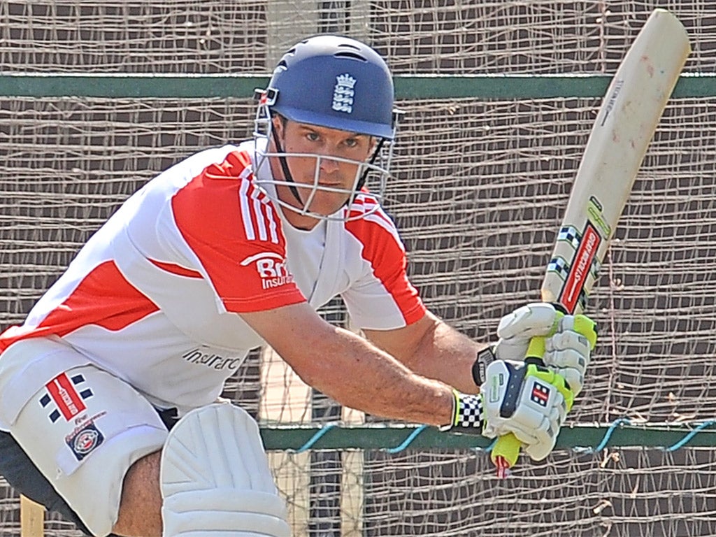 The England captain, Andrew Strauss, sizes up a stroke in the nets at Sheikh Zayed Stadium in Abu Dhabi yesterday