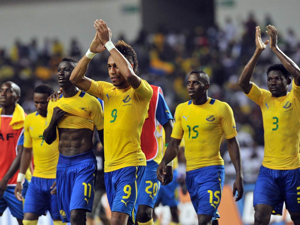 Gabon celebrate their 2-0 win over Niger