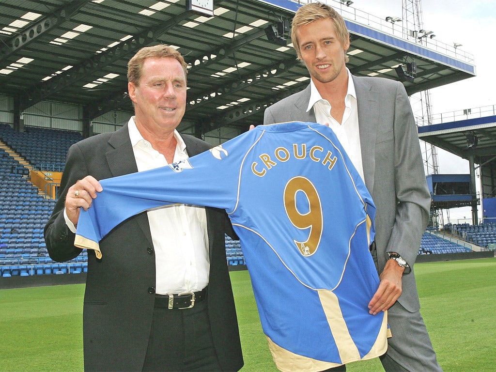 Harry Redknapp with striker Peter Crouch after he signed for Portsmouth in July 2008