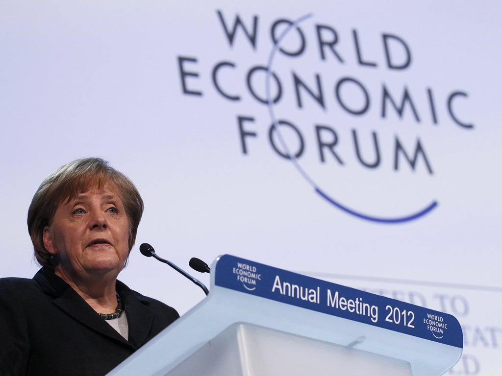 German Chancellor Angela Merkel speaks during the opening of the Annual Meeting 2012 at the World Economic Forum