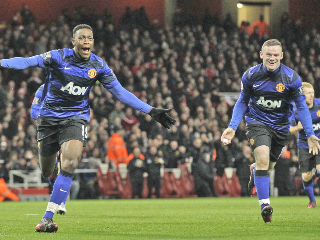 Wayne Rooney celebrates with Danny Welbeck after the latter's goal against Arsenal