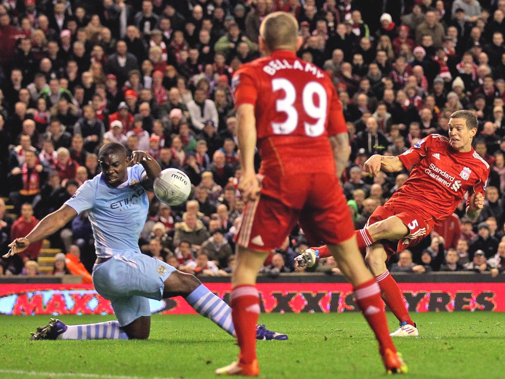 Daniel Agger's shot hits Micah Richards on the arm, having bounced off his boot, to hand Liverpool a penalty last night