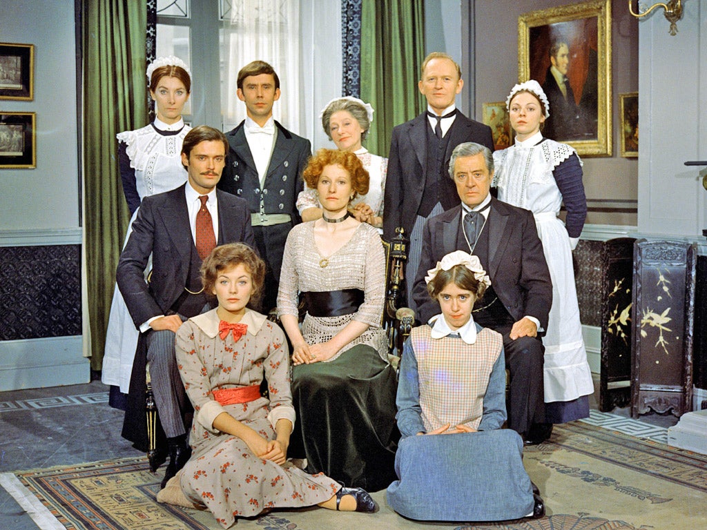Tomasin, front right, with the cast of Upstairs, Downstairs in 1973
