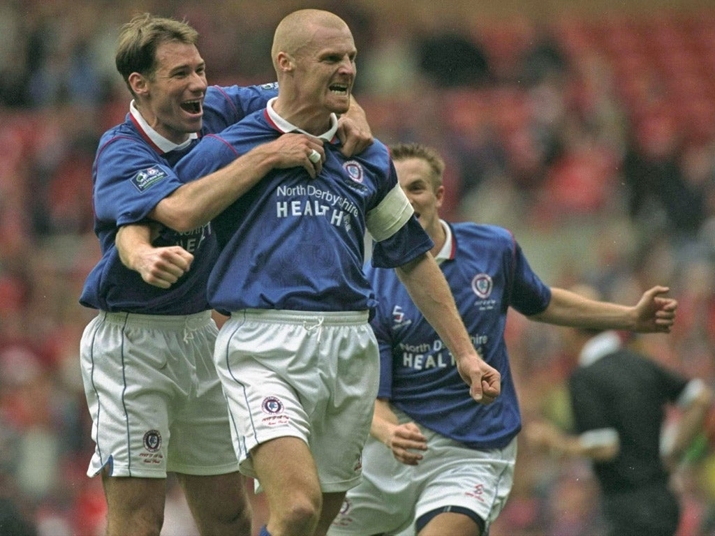 Dyche (right) celebrates his goal for Chesterfield against Middlesbrough in the 1997 FA Cup semi-final