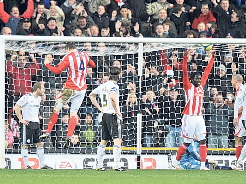 Decider: Robert Huth (second from left) scores Stoke’s second at Derby