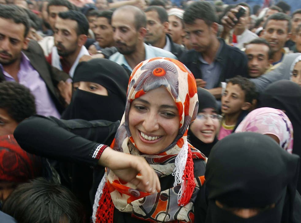 Tawakul Karman with protesters in Sanaa