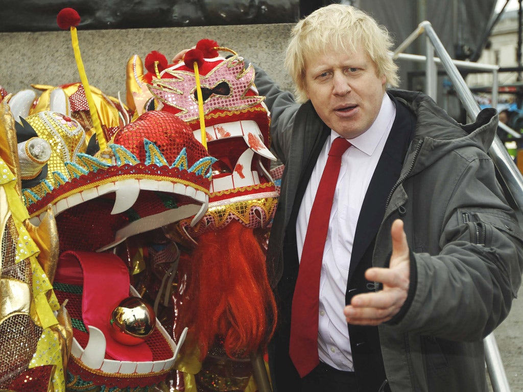 Boris Johnson celebrates Chinese New Year in Trafalgar Square, yesterday