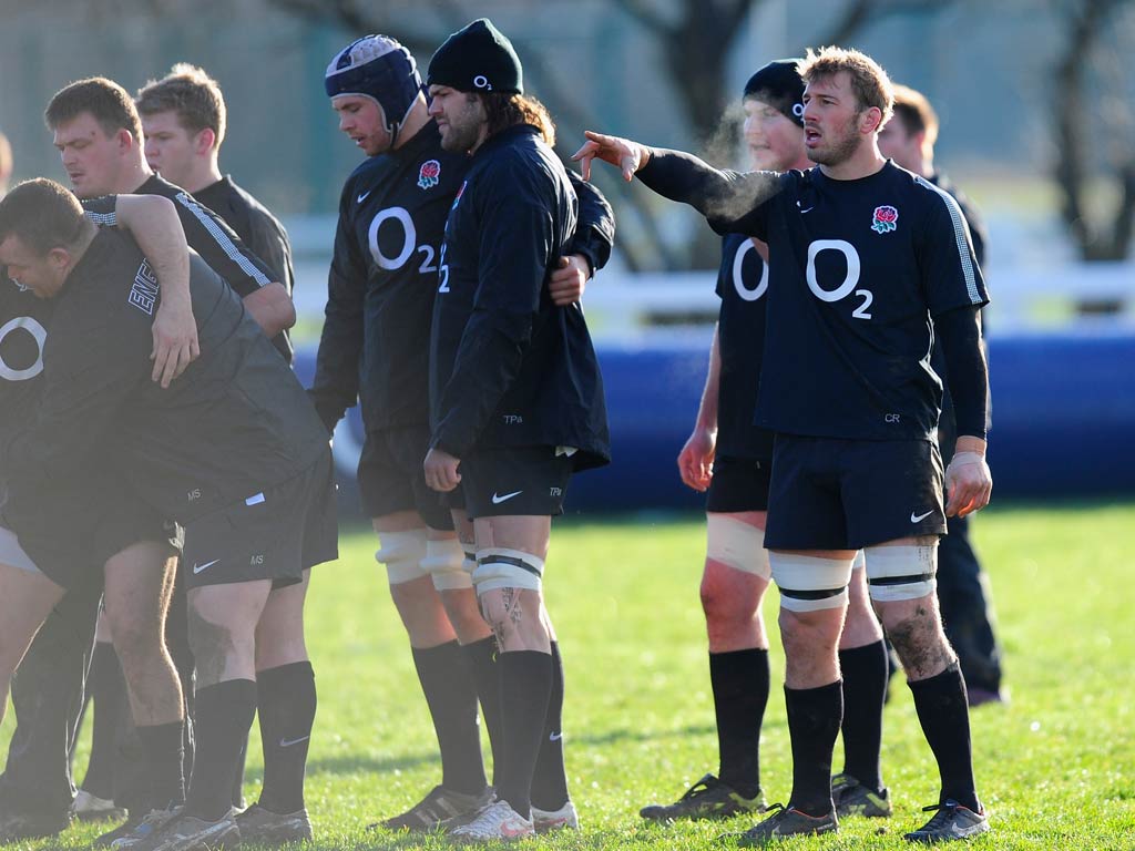 Chris Robshaw (right) directs proceedings during England training