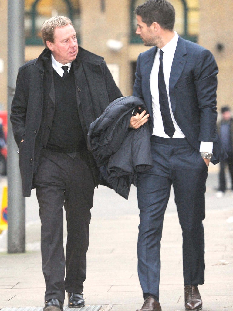 Former Portsmouth manager Harry Redknapp arrives with his son, Jamie Redknapp, at Southwark Crown Court, London, yesterday
