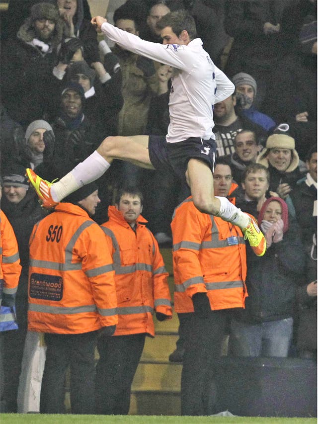 Gareth Bale celebrates putting Spurs 1-0 up at White Hart Lane