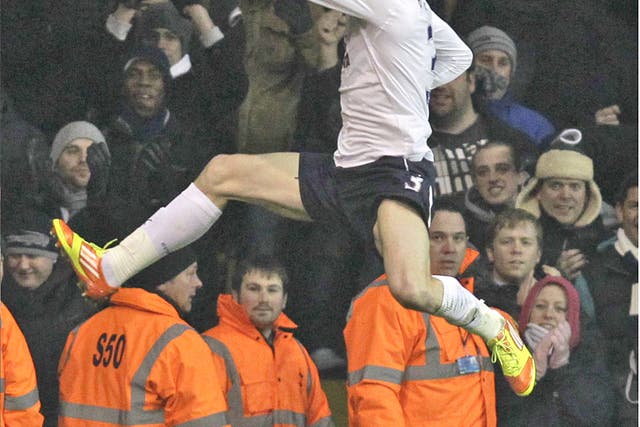 Gareth Bale celebrates putting Spurs 1-0 up at White Hart Lane