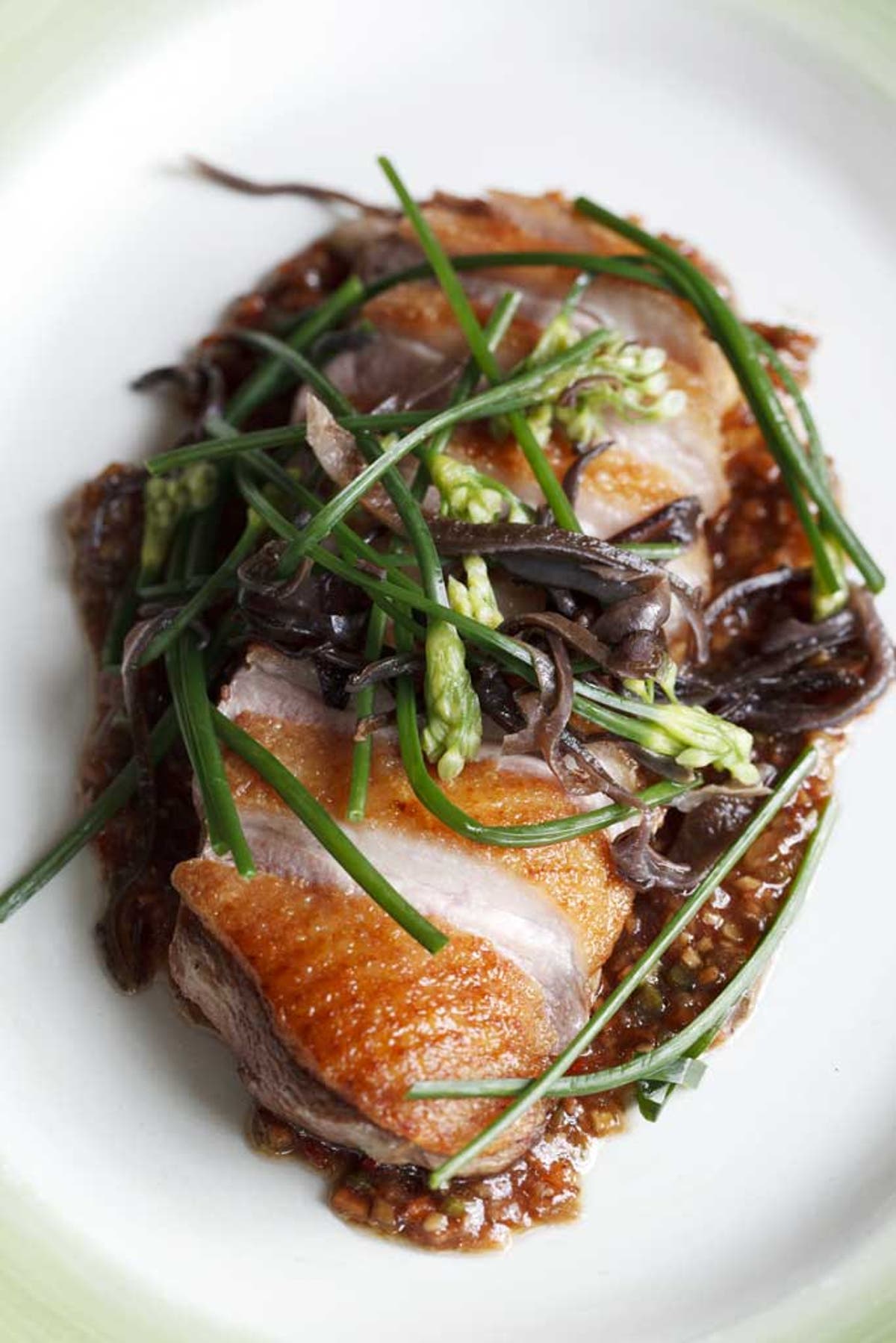 Honey-roast duck with flowering chives and black fungus | The ...