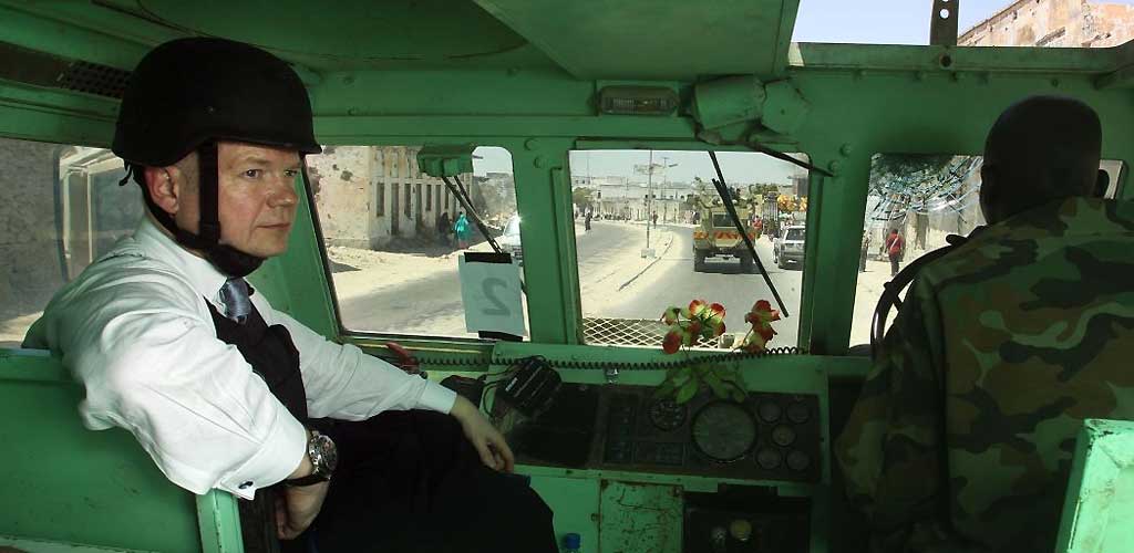 The Foreign Secretary William Hague is driven through Mogadishu in an armoured vehicle