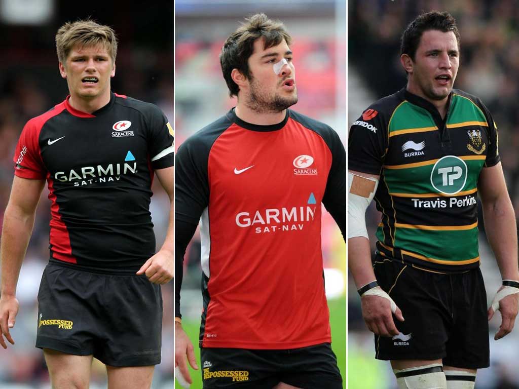 Owen Farrell (left), Brad Barritt (centre) and Phil Dowson will make their Test debutsas part of a new-look and inexperienced England team