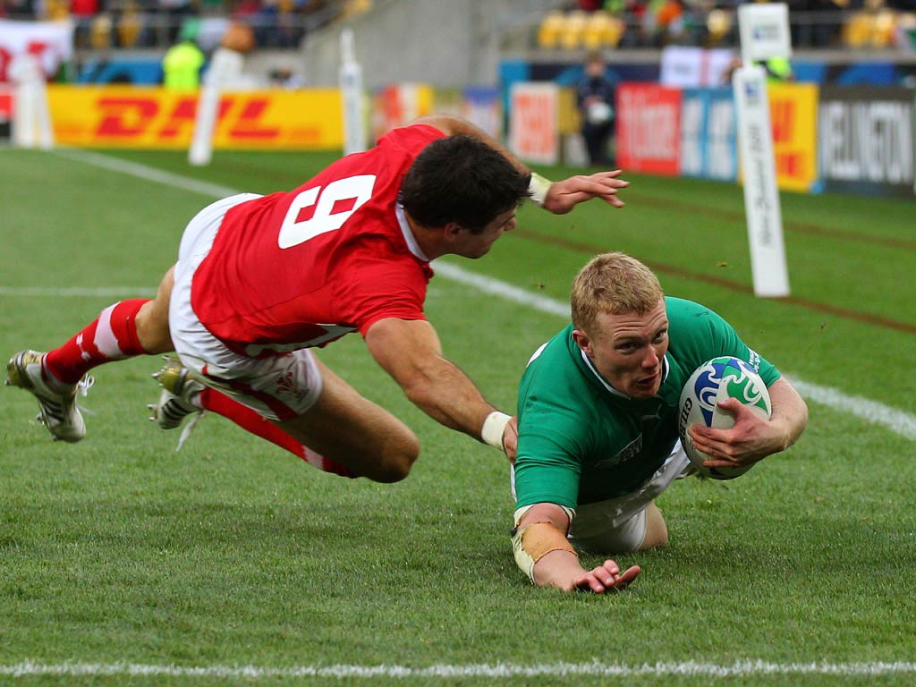 Keith Earls pictured scoring against Wales in the World Cup