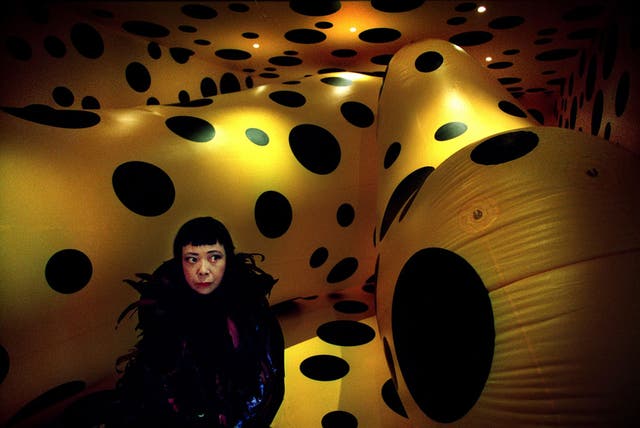 Japanese artist, Yayoi Kusama with her work 'Dots Obsession' at the Serpentine gallery in 2000
