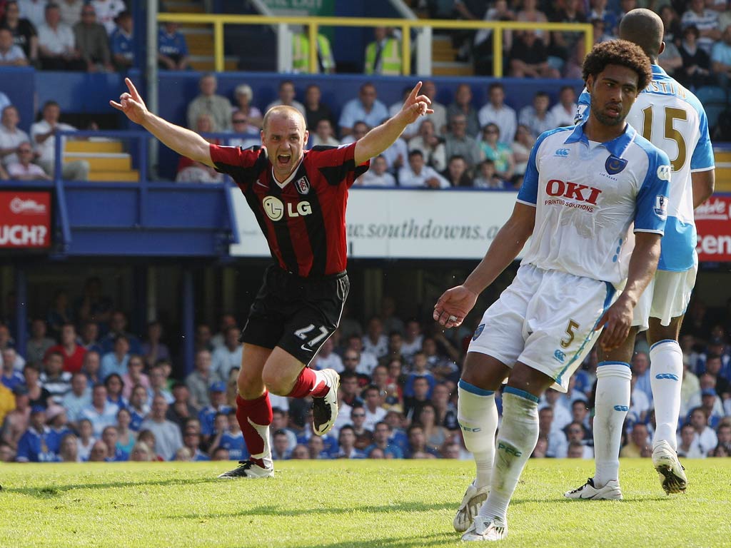 Danny Murphy celebrates a header for Fulham against Portsmouth that kept the Cottagers in the Premier League in 2007