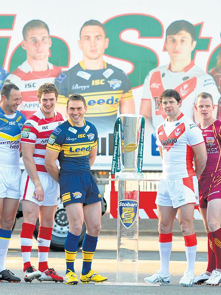 Team captains (left to right) Adrian Morley, of Warrington, Sean O’Loughlin, of Wigan, andLeeds’ Kevin Sinfield at the Super League launch at Old Trafford