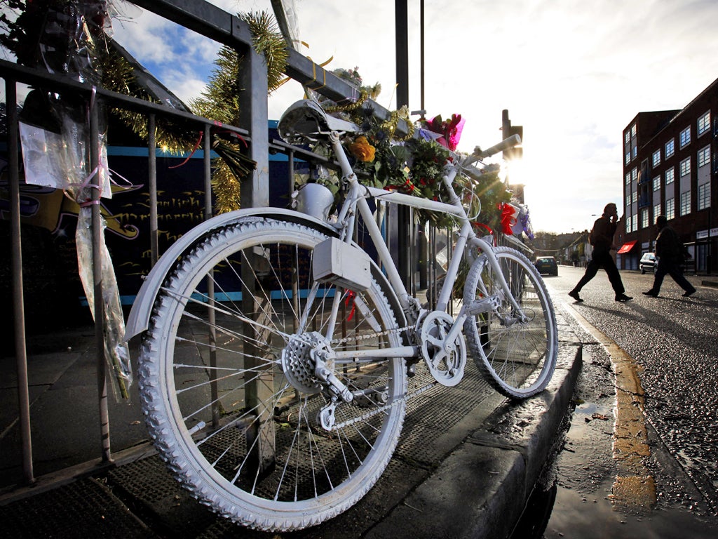 A 'ghost bike' memorial to a killed cyclist in Woolwich, south-east London
