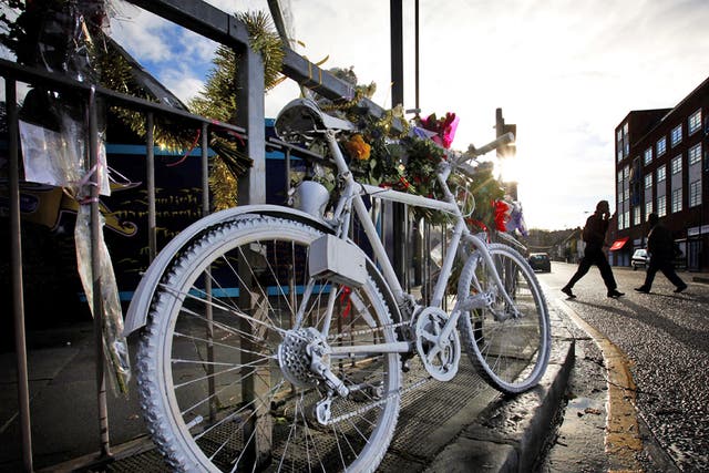 A 'ghost bike' memorial to a killed cyclist in Woolwich, south-east London