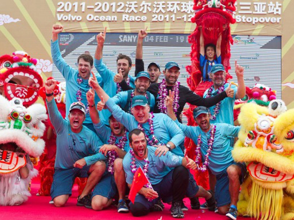 Team Telefonica, skippered by Iker Martinez from Spain finishes first on leg 3 of the Volvo Ocean Race 2011-12 from Abu Dhabi, UAE, to Sanya, China