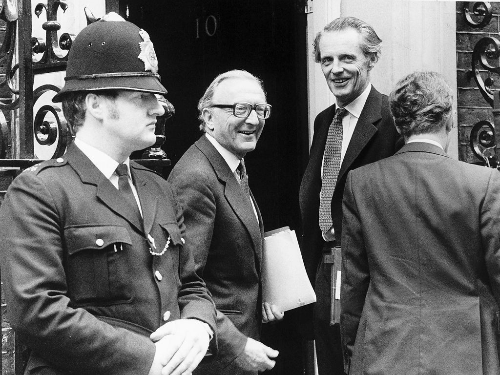 Lord Carrington, centre, stood down as Foreign Secretary in 1982 over the Falklands - an honourable resignation