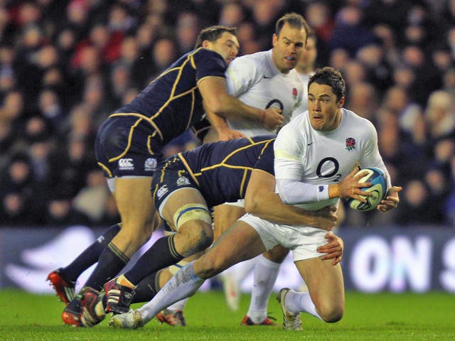 Central control: Brad Barritt takes on the Scotland defence at Murrayfield