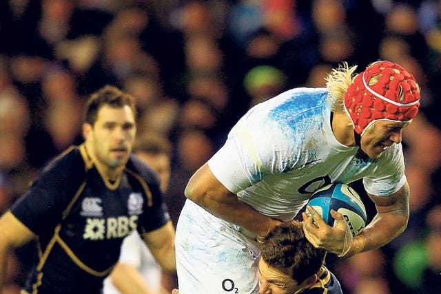 England’s Mouritz Botha is given a Scottish welcome as Chris Cusiter brings him down