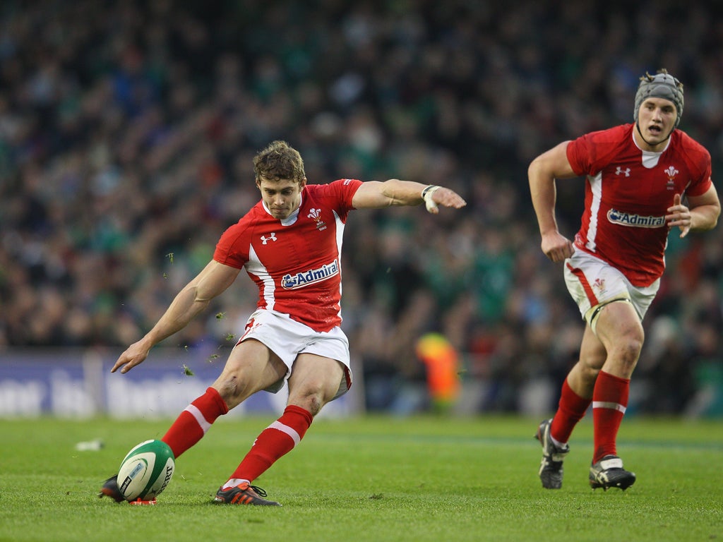 Leigh Haflpenny of Wales kicks the last minute match winning penalty during the RBS Six Nations match between Ireland and Wales