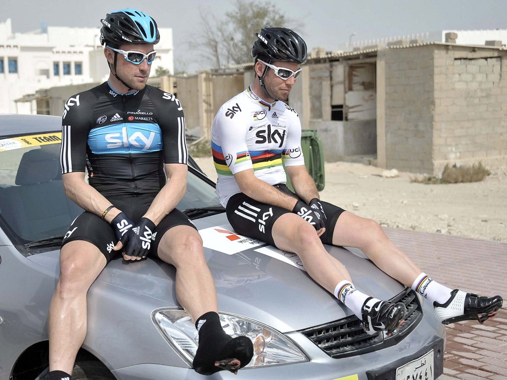 Mark Cavendish (right) with Sky team-mate Bernie Eisel in Doha
