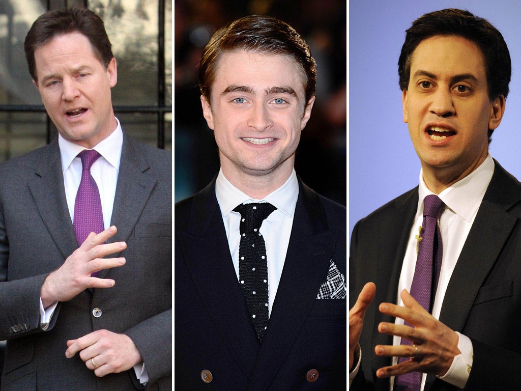 Daniel Radcliffe (centre) championed Nick Clegg (left) before the General Election but is now praising Ed Miliband