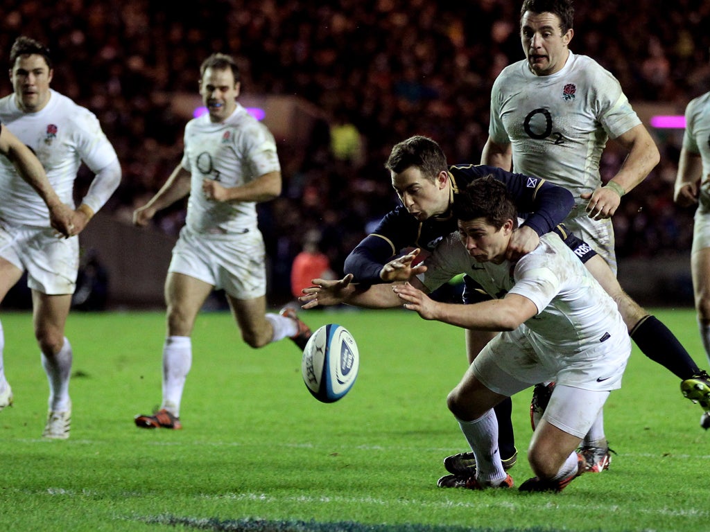 Greig Laidlaw fails to ground the ball properly against England on Saturday