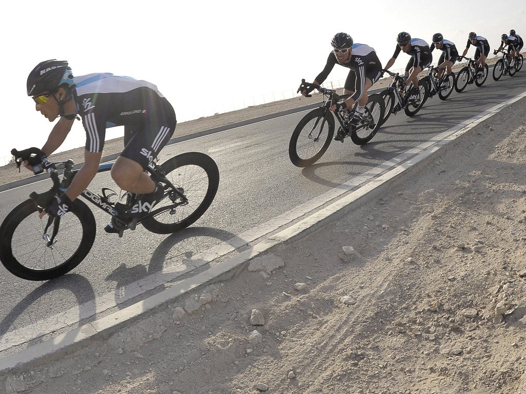Team Sky secured a respectable third place in yesterday’s team time-trial stage of the Tour of Qatar, with their leader Mark Cavendish (2nd left) moving up to 20th place overall, just 12 seconds down on the race leader Tom Boonen