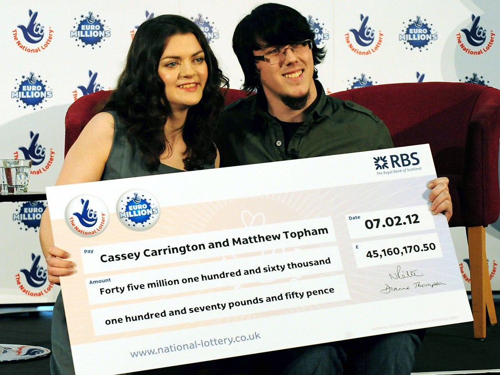 Cassey Carrington and Matt Topham, from Stapleford in Nottingham, banked a staggering total of £45,160,170.50 after matching five numbers and two Lucky Stars