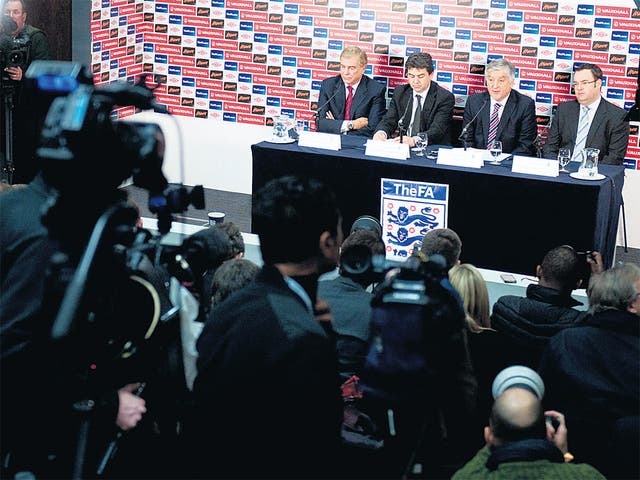 From left, Trevor Brooking, Adrian Bevington
David Bernstein and Alex Horne during the press
conference at Wembley yesterday