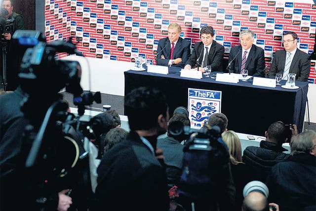 From left, Trevor Brooking, Adrian Bevington
David Bernstein and Alex Horne during the press
conference at Wembley yesterday
