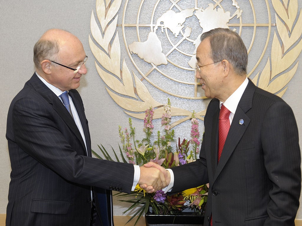 Argentine Foreign Minister Hector Timerman, left, meets with United Nations Secretary-General Ban Ki-moon, at the UN