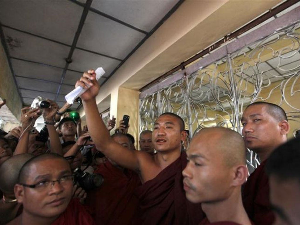 Ashin Gambira, centre, with supporters in Rangoon shortly after his release last month