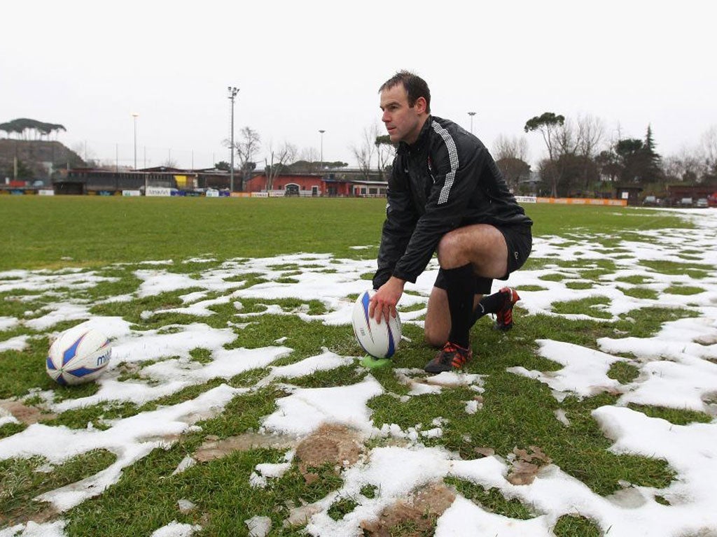 Charlie Hodgson lines up a kick during England training in Rome
yesterday