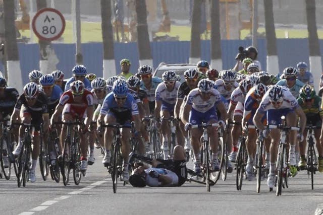 Mark Cavendish tumbles out on stage six yesterday