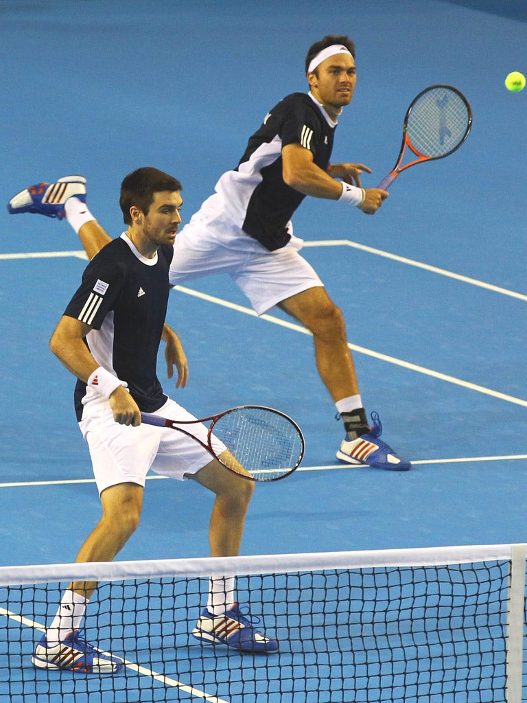 Colin Fleming and Ross Hutchins in action during Day Two of the Davis Cup