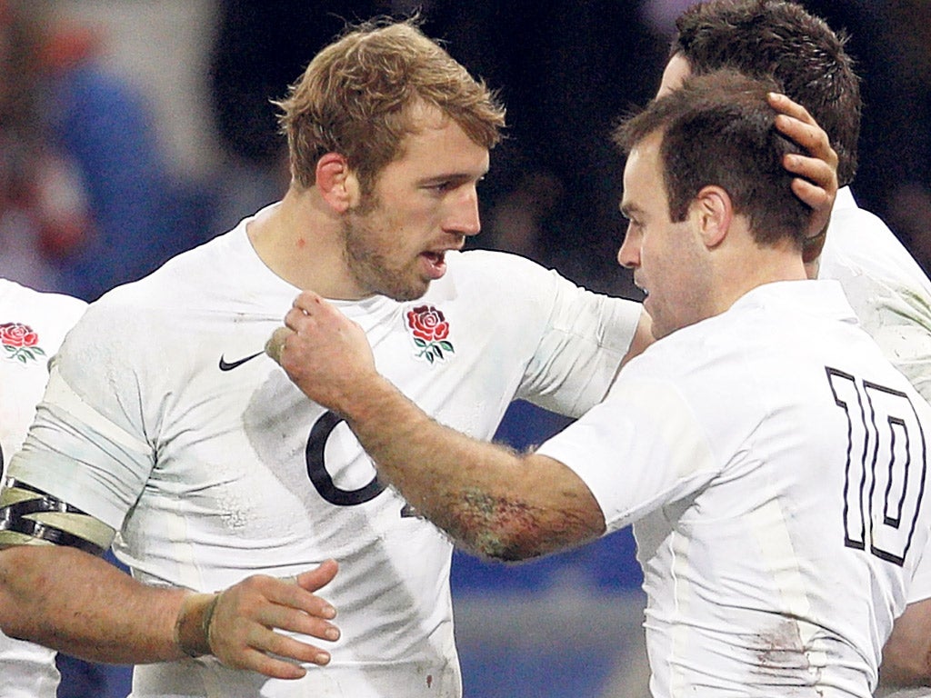 Captain, his captain: Charlie Hodgson (right) is congratulated by the England skipper, Chris Robshaw, in Rome
