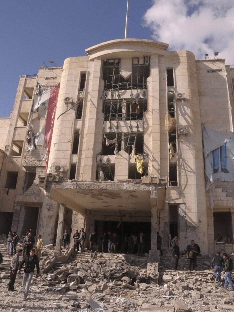 The aftermath of Friday’s double bombing in Aleppo which killed at least 28 people