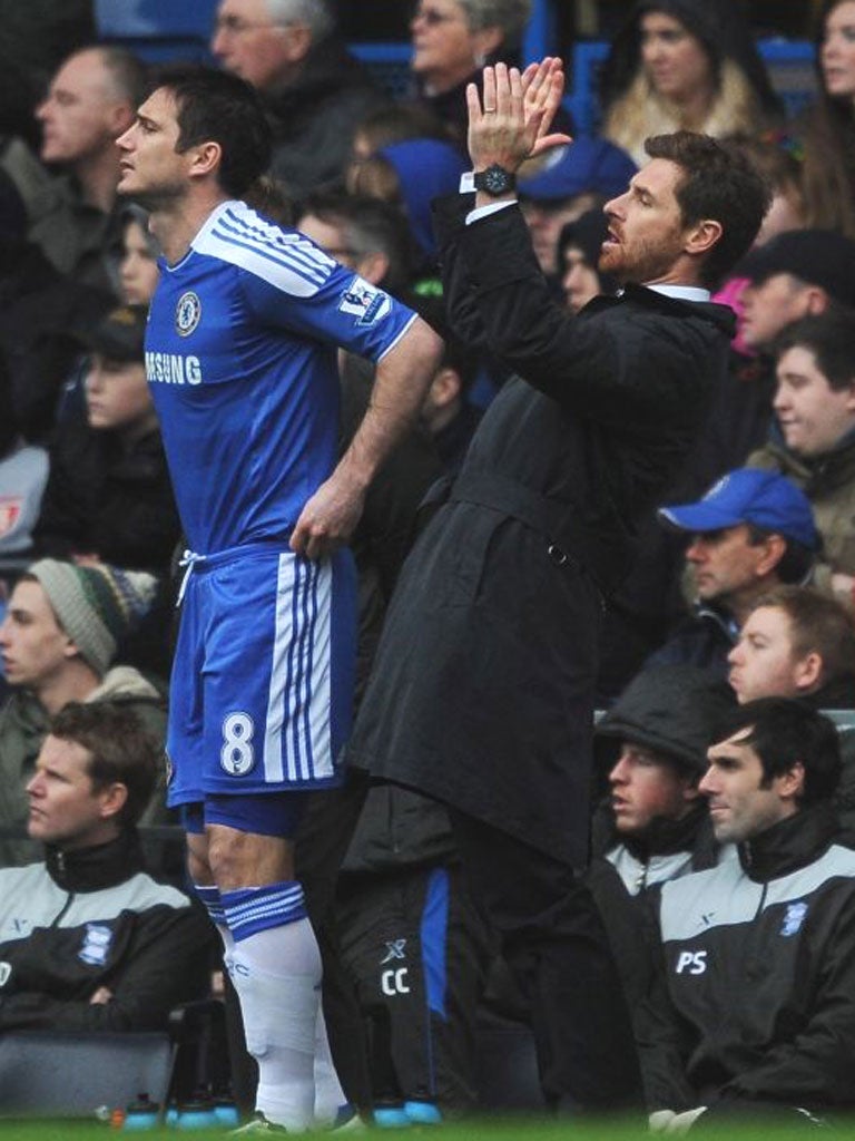 Chelsea manager Andre Villas-Boas reacts to a missed chance on Saturday while Frank Lampard looks on