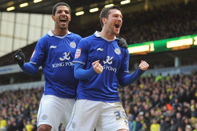 David Nugent (right) celebrates his winner with
Leicester team-mate Jermaine Beckford