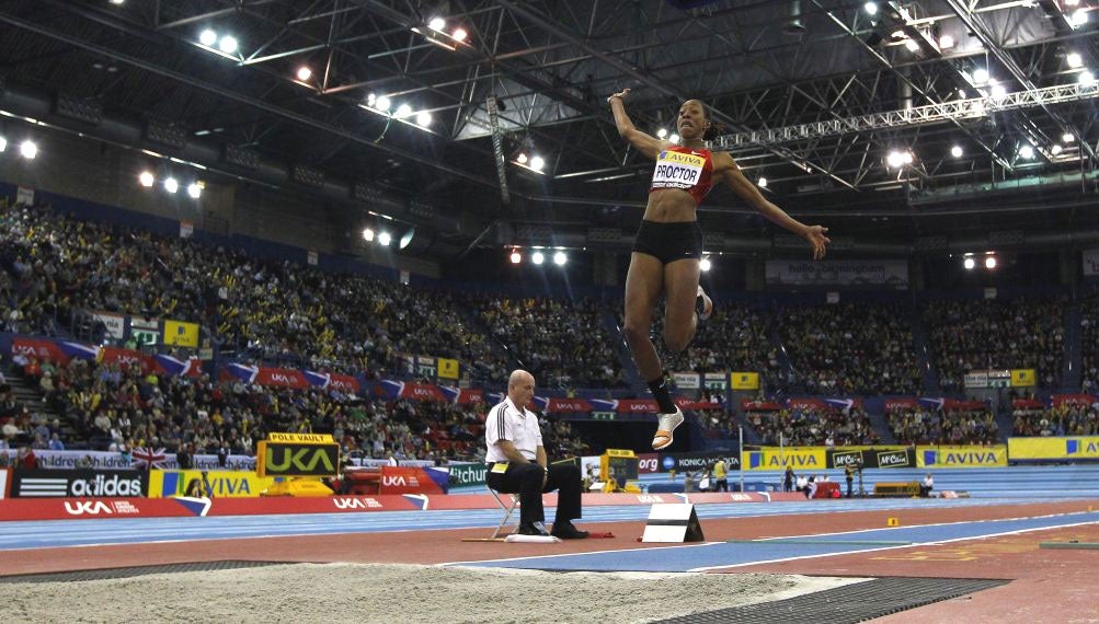 Shara Proctor broke the British indoor record twice on her way to winning the women’s long jump at the Aviva Grand Prix in Birmingham on Saturday