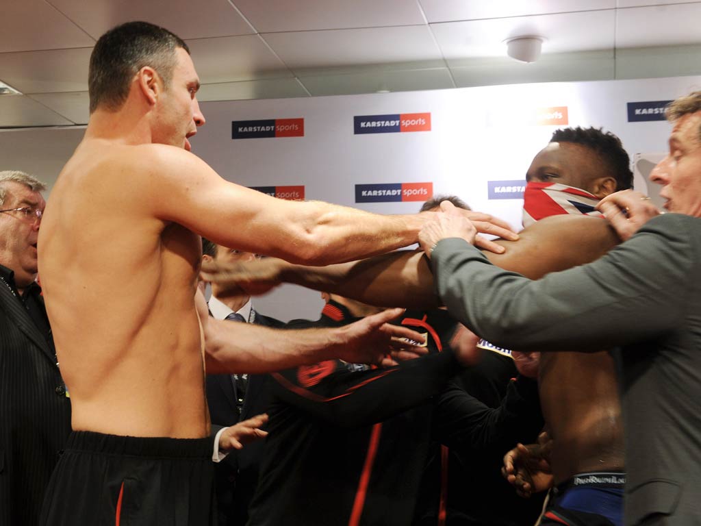 17 February 2012 Dereck Chisora lit the touchpaper ahead of his WBC heavyweight title challenge by slapping champion Vitali Klitschko at the weigh-in in Munich.