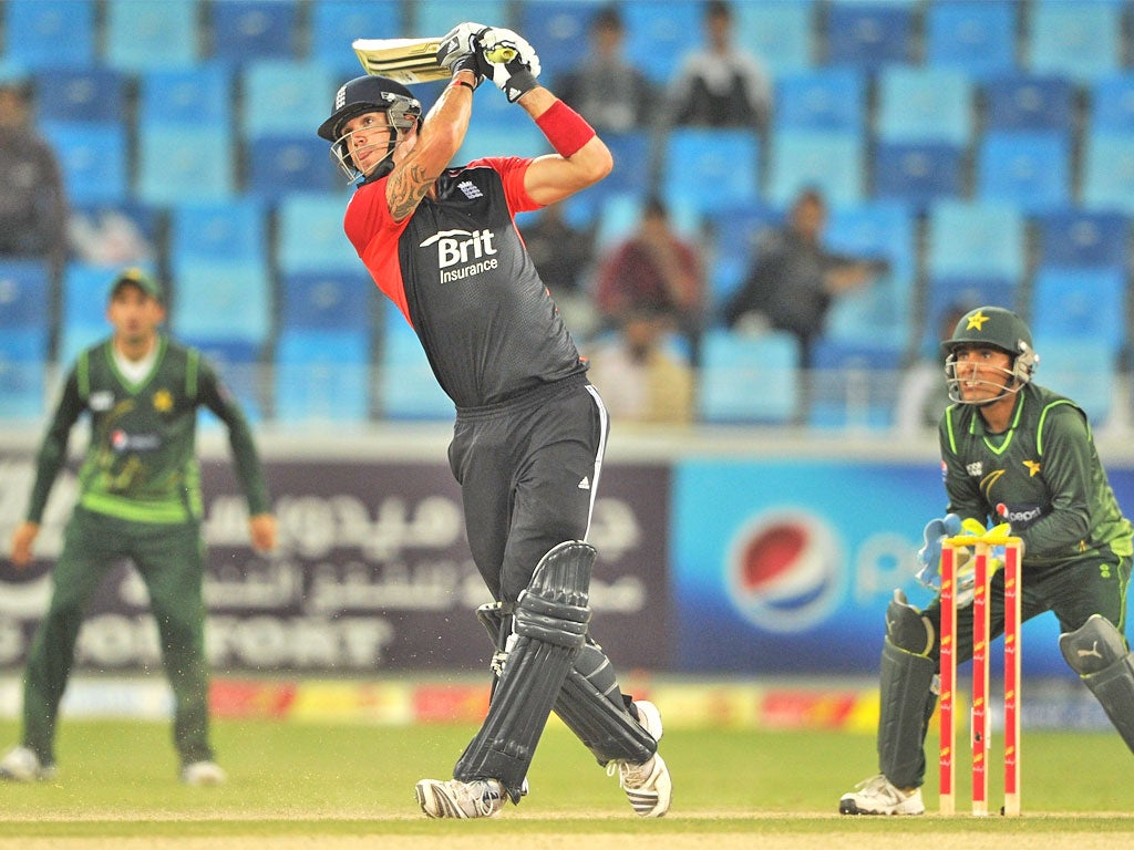 Kevin Pietersen hits one of his two sixes on the way to 130 and victory over Pakistan in Dubai