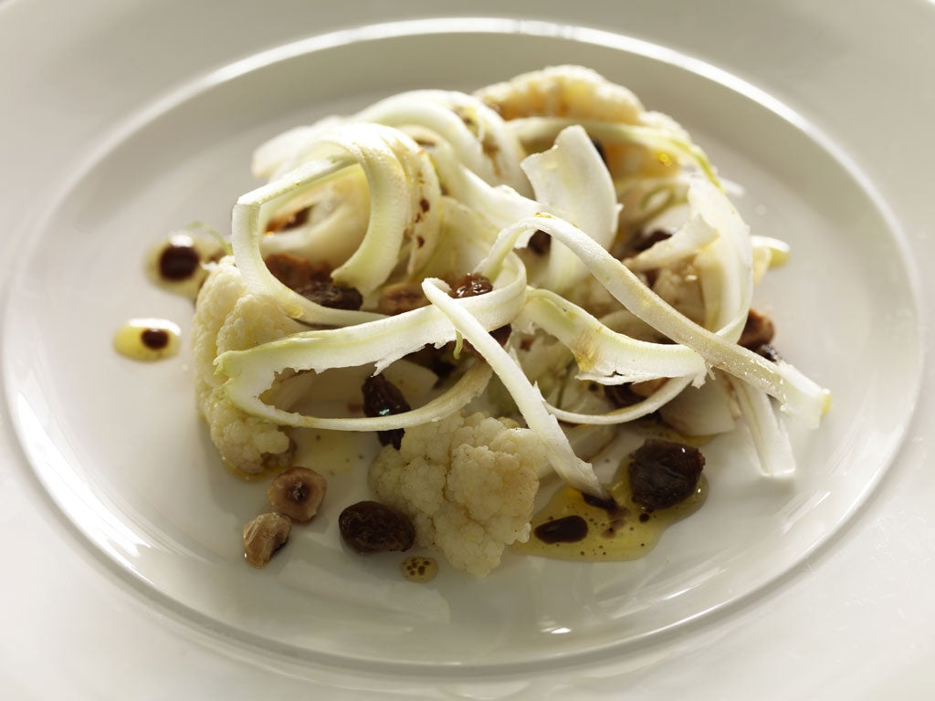 Cauliflower, puntarelle, hazelnut and raisin salad